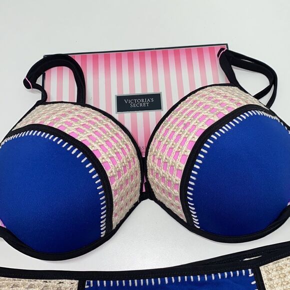 🔥🏖VICTORIA SECRET  swimsuit The Fabulous/The strappy cheeky  blue/purple New - Picture 3 of 7